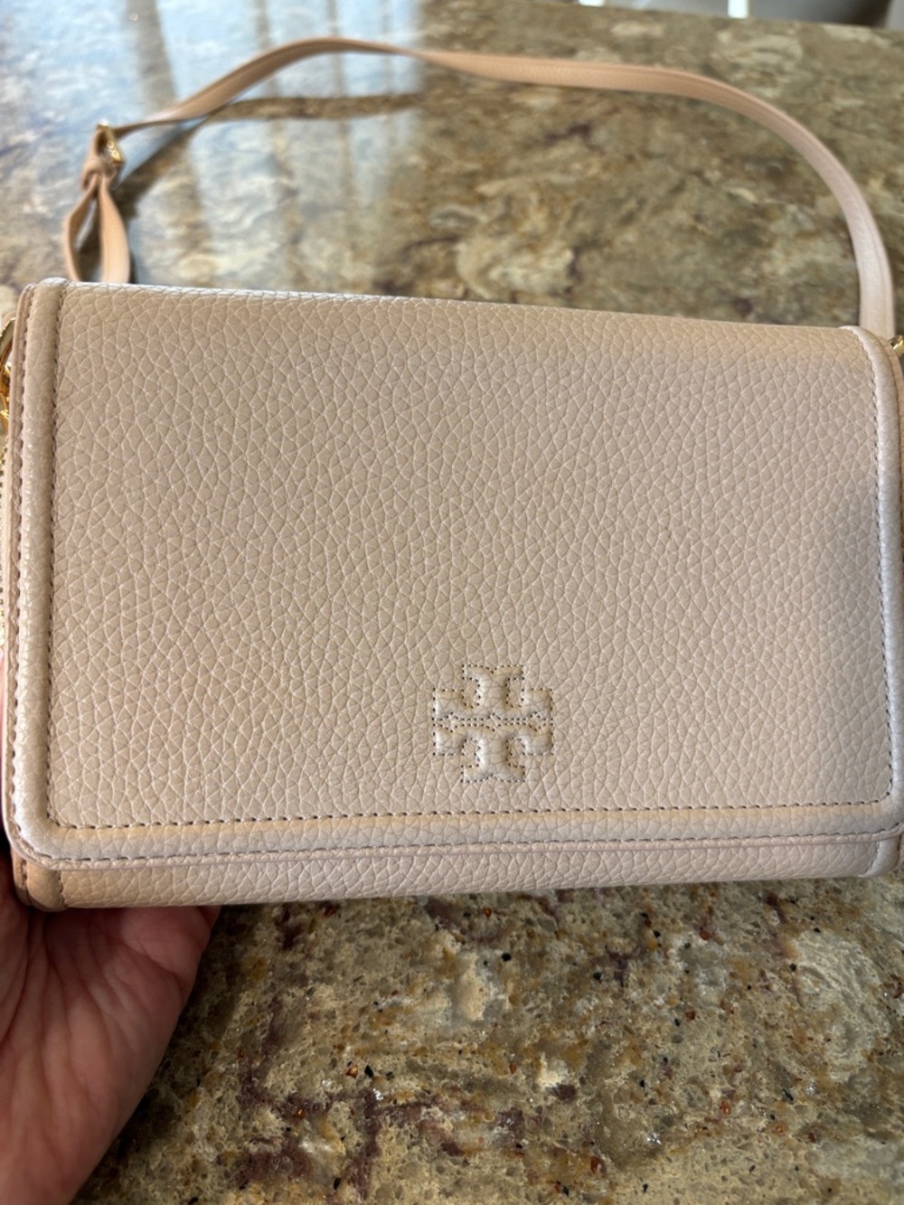 Tory Burch Pebbled Leather Crossbody in Blush/Tan